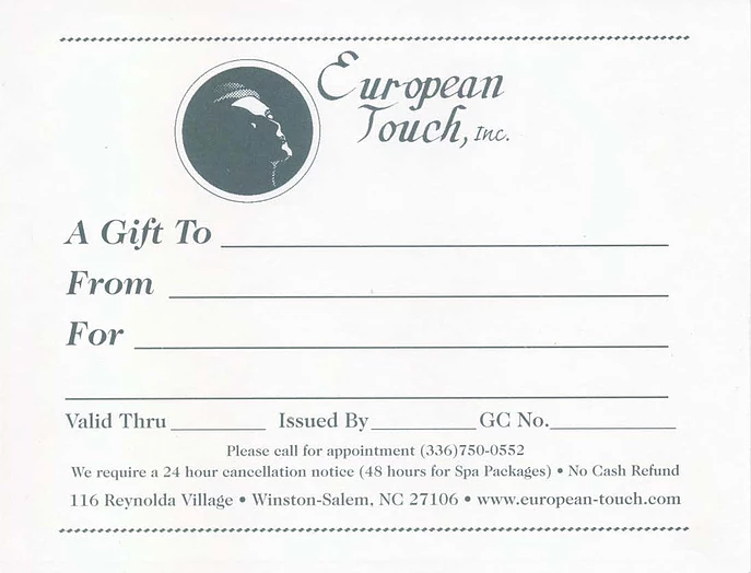 Gift certificate template from European Touch Day Spa